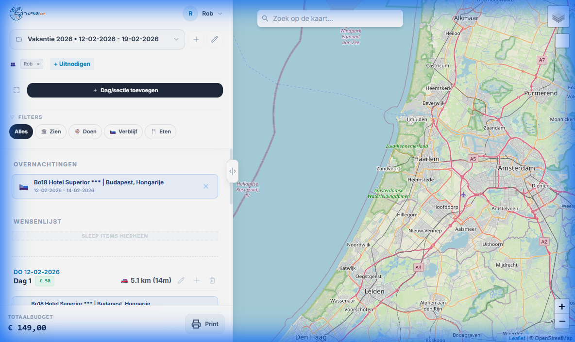 TripPlottr Dashboard overzicht van reisplan en kosten